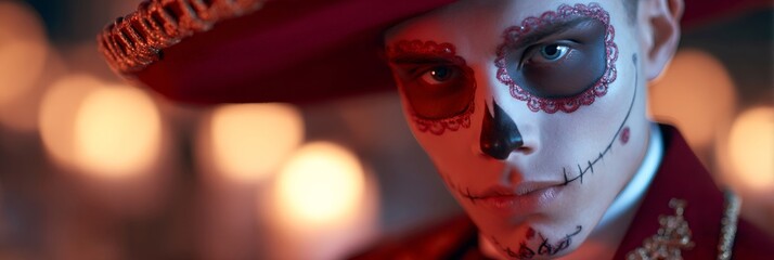 Man with sugar skull makeup for Day of the Dead. Mexican holiday celebration. Dia de los Muertos traditions and carnival event concept.