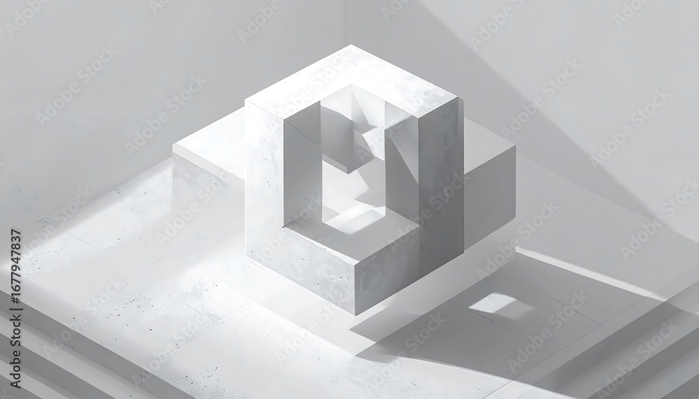 Aufkleber minimalist concrete cube structure with geometric cutout and shadow play in isometric view