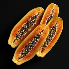 Ripe papaya halves, studio shot, black background, food photography, recipe ingredient