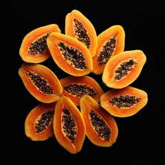 Ripe papaya slices arranged on black background. Food photography for recipe books