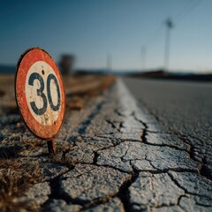 Rural road 30 km/h speed limit sign, cracked asphalt, sunset