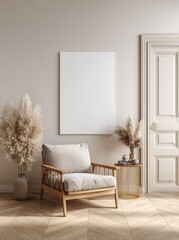 Beige minimalist room with chair, art, and pampas grass