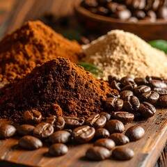 Coffee powder and beans on wooden board