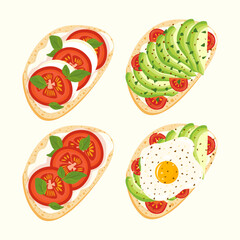 Bruchetta Illustration, Healthy Italian Cuisine with Avocado, Tomatoes and Basil on Toasted Bread