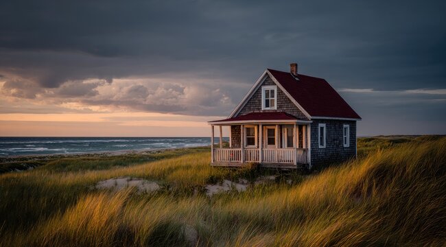 Coastal cottage nestled in dunes at sunset - Powered by Adobe