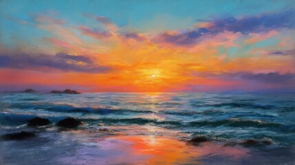 Obraz premium Orange sunlight casts a beautiful glow over the tranquil ocean at dusk, creating a stunning abstract cloudscape over the horizon