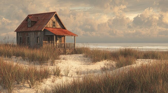 Rustic beach house under a cloudy sky