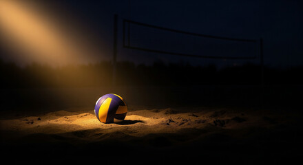 Obraz premium Volleyball on dark sand illuminated by spotlight
