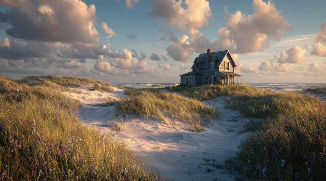 Abandoned beach house on dunes - Powered by Adobe