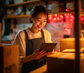 A smiling woman in an apron uses a tablet among boxes in a cozy, warmly lit workspace decorated with soft lights.