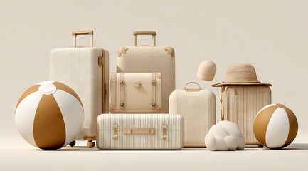 Beige travel suitcases and beach gear on a light background