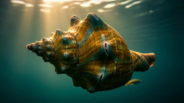 Detailed Underwater Shot Of A Seashell With Gold And Blue Colorization
