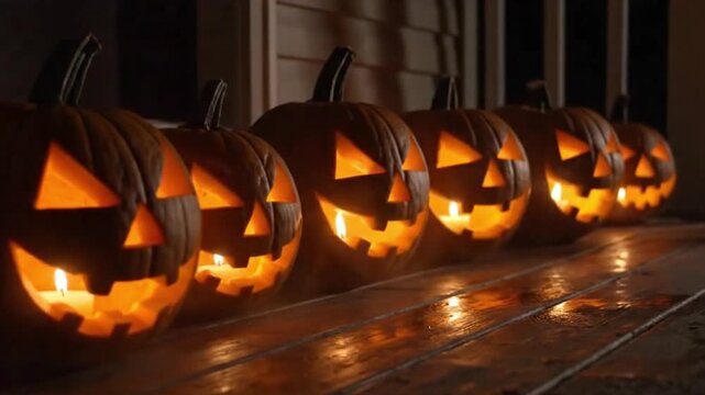 A row of pumpkins with their eyes lit up and smiling