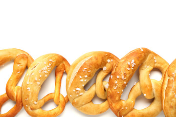 Soft pretzels on white background