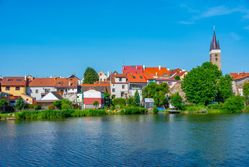 Reflection of Telc cityscape in Czech republic
