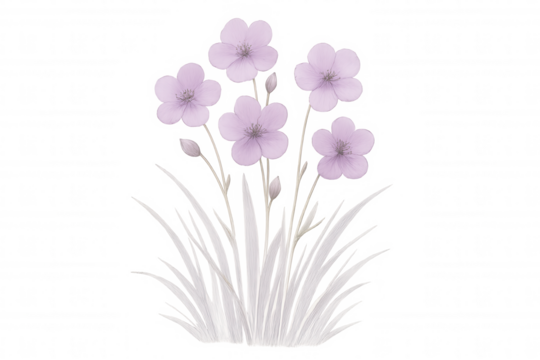 Illustration of purple flax flowers growing on transparent background, ideal for nature and spring themed projects - Powered by Adobe