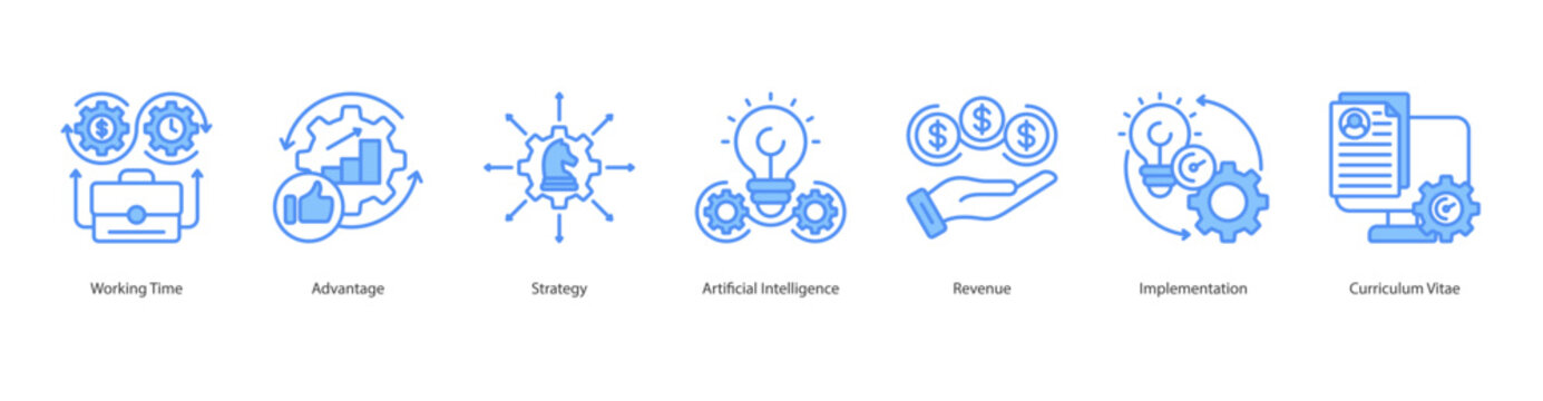 Intelligent Business Strategy banner web icon set vector illustration concept with icon of working time, advantage, strategy, artificial intelligence, revenue, implementation, curriculum vitae eps 10