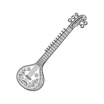 Veena Indian Classical Musical Instrument Line Art. Saraswati Veena Outline Drawing Illustration.
