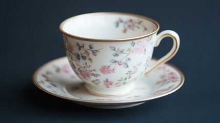 A delicate teacup and saucer adorned with pink roses resting on a dark blue surface in soft lighting