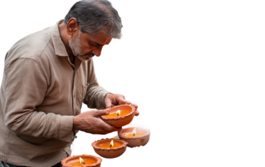 Artisan showcasing collection of decorative Diwali diyas representing cultural celebration isolated on transparent background PNG