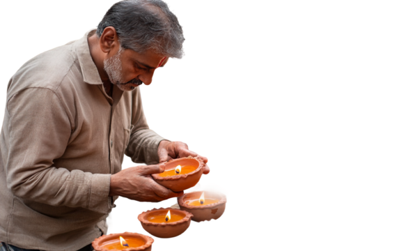 Artisan showcasing collection of decorative Diwali diyas representing cultural celebration isolated on transparent background PNG