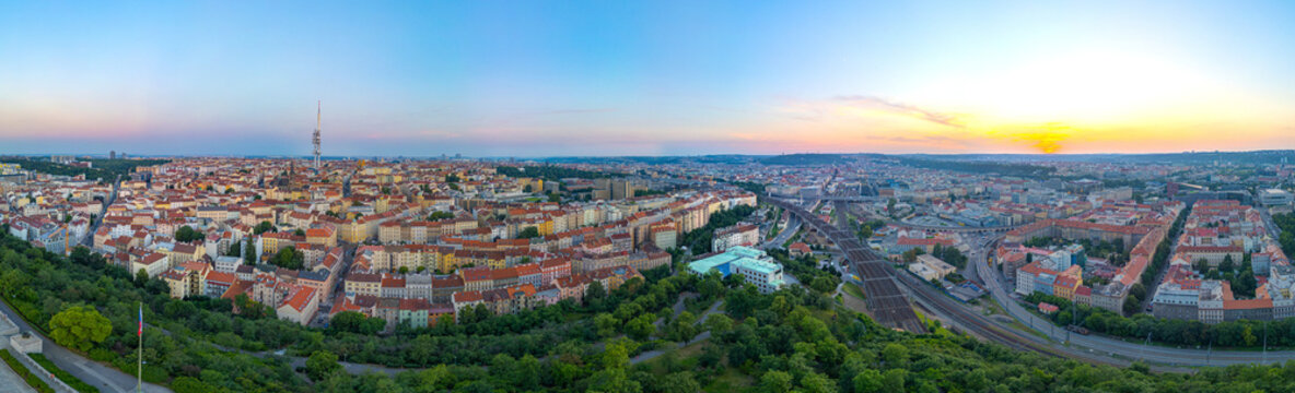 Sunset panorama view of Zizkov TV tower overlooking Prague, Czec