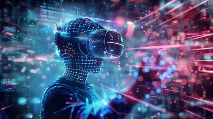 Faceless person wearing VR headset, glowing digital world around them, immersive virtual reality concept.