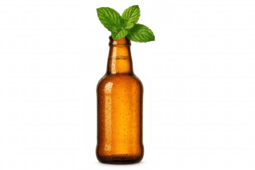 Amber beer bottle with condensation and mint leaves, isolated on transparent background, perfect for beverage and freshness concepts