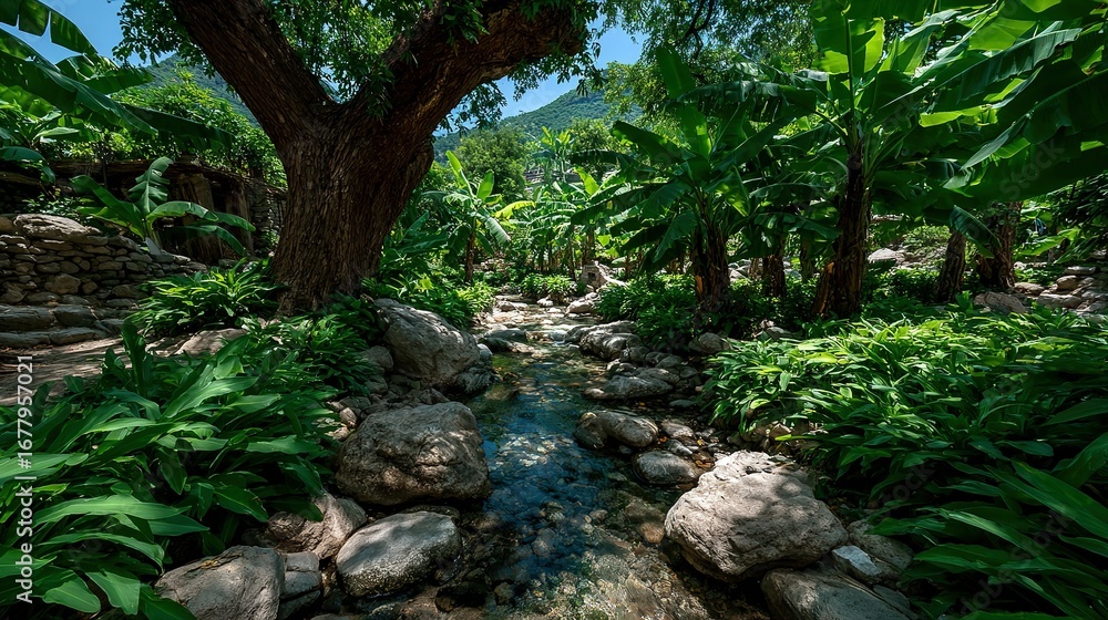 Poster small stream flows through a lush green forest with rocks and trees.