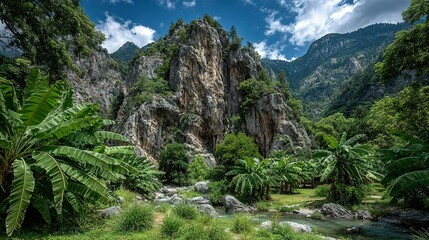 Lush green vegetation surrounds rocky mountain with blue sky and clouds.