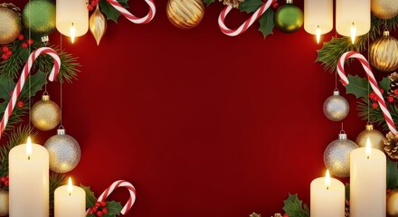A festive Christmas backdrop of candles, ornaments, candy canes and a vibrant red setting.