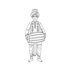 Indian Musician with Dhol Drum in Traditional Costume Line Art. Male Performer Coloring Page Illustration.

