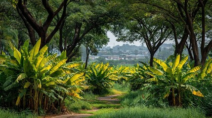 Obraz premium Lush green foliage with a path leading through trees towards distant buildings.