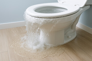 Overflowing toilet flooding bathroom floor with water, plumbing emergency causing wet wooden surface and urgent repair need