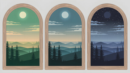 Fototapeta premium Tranquil mountain landscapes transition through day, dusk, and night within arched frames.