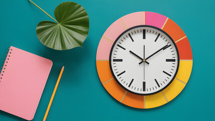 Modern clock with colorful segments and notebook on teal background