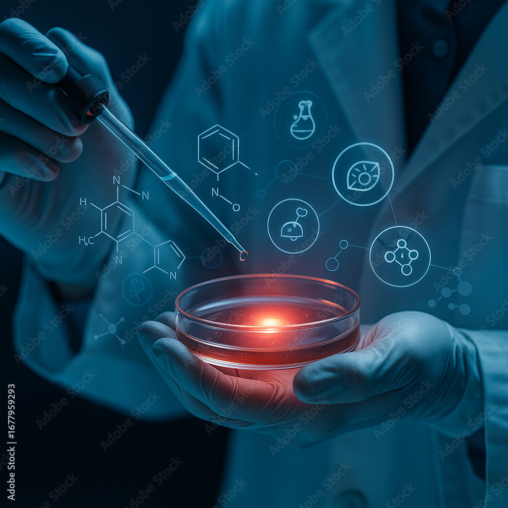 Aufkleber ai generated scientist holding petri dish with glowing light while using pipette surrounded by digit