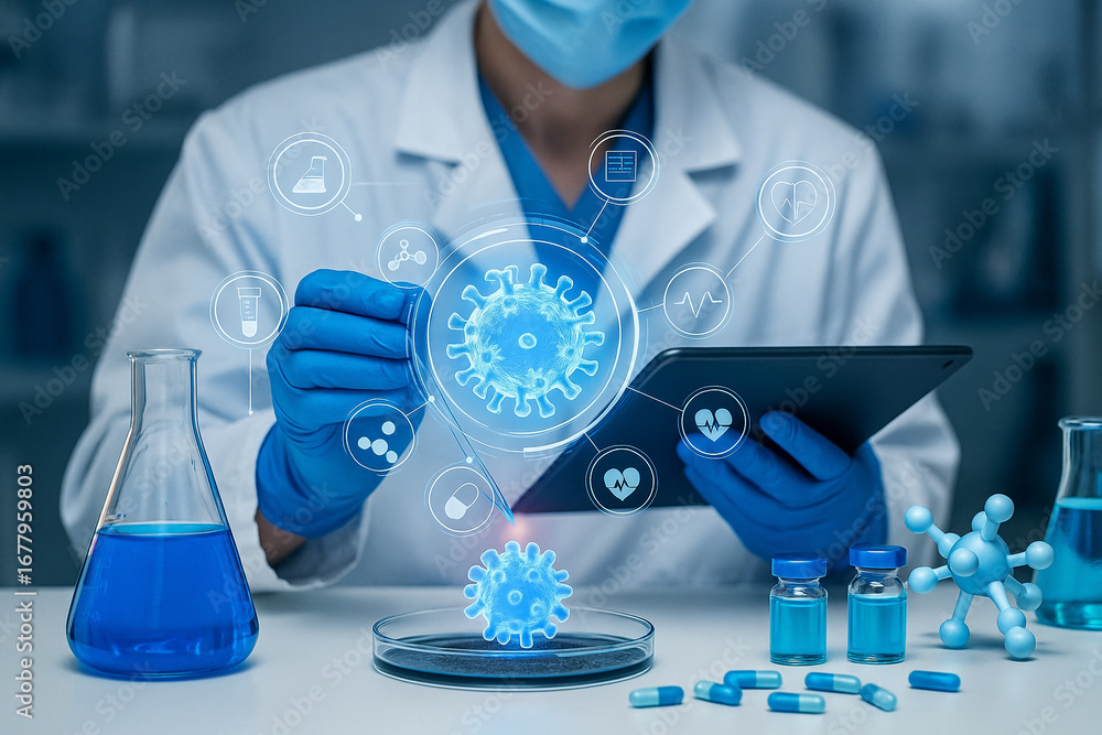 Poster ai generated image of scientist in laboratory using tablet and holding glowing virus model with digi