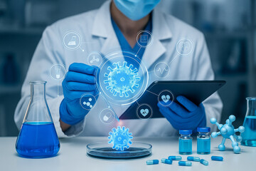 AI generated image of scientist in laboratory using tablet and holding glowing virus model with digital holographic icons symbolizing biotechnology and data science