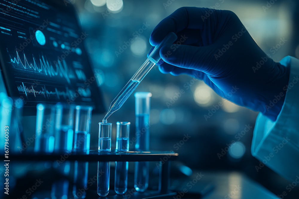 Poster ai generated scientist hand with pipette dripping sample into glass test tubes with glowing digital 