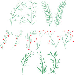 Minimalist Hand Drawn Vector Leaves and Red Berries Christmas Botanical Clipart