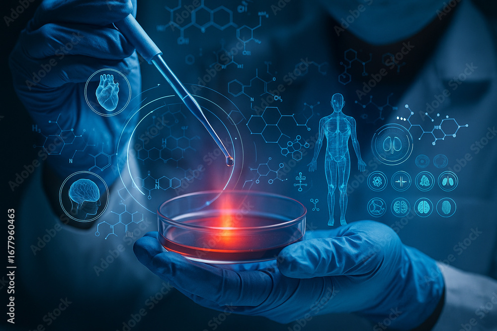 Aufkleber ai generated image of scientist using pipette with petri dish surrounded by holographic molecules hu