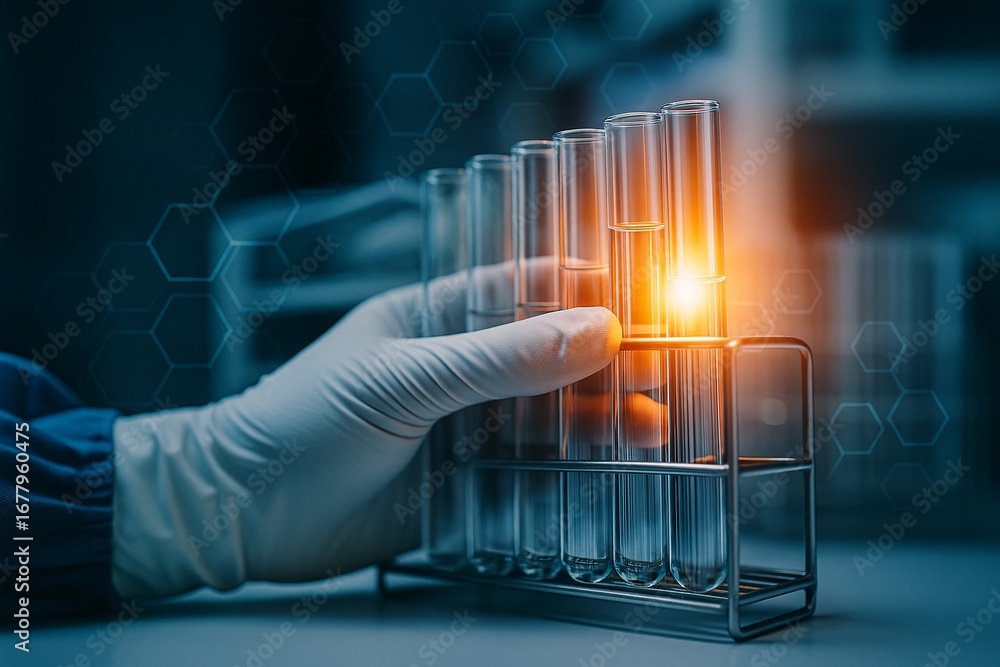Poster ai generated laboratory scene with researcher hand holding test tubes under bright orange light refl