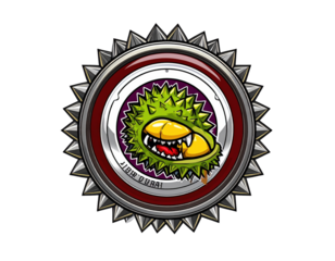 Aggressive cartoon durian fruit mascot in a metallic spiked emblem.