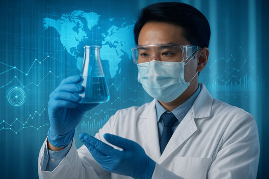 AI generated scientist in lab coat holding beaker with glowing digital graphics symbolizing medical research biotechnology and global data integration in a futuristic clean environment