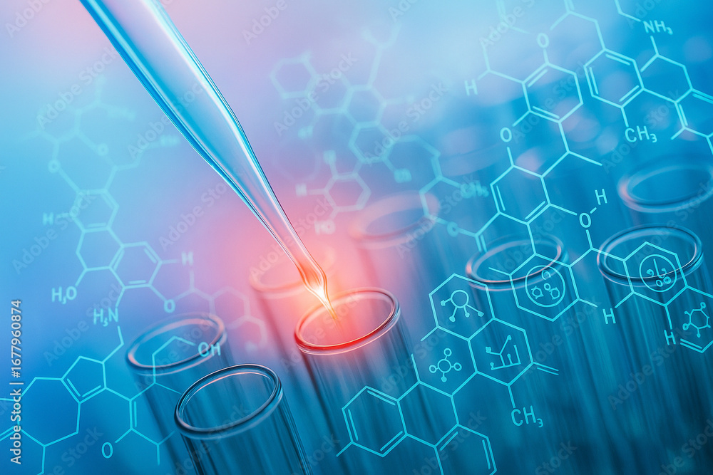 Poster ai generated biotechnology research scene with pipette dropping solution into test tubes enhanced by