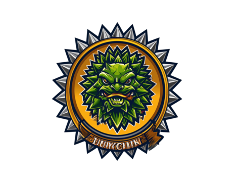 Aggressive green spiky monster head emblem with jagged silver border.