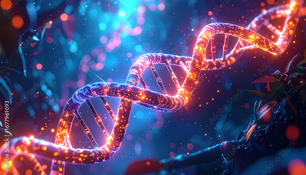 Poster dna helix in nature: a mesmerizing display of a glowing dna helix elegantly intertwined amidst a bac