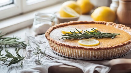 Freshly Baked Lemon Tart with Green Herbs and Citrus Fruits