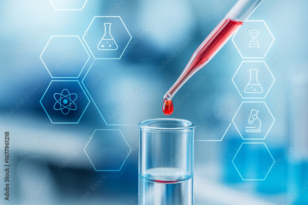 Poster ai generated realistic science artwork of pipette dropping red liquid into test tube with futuristic
